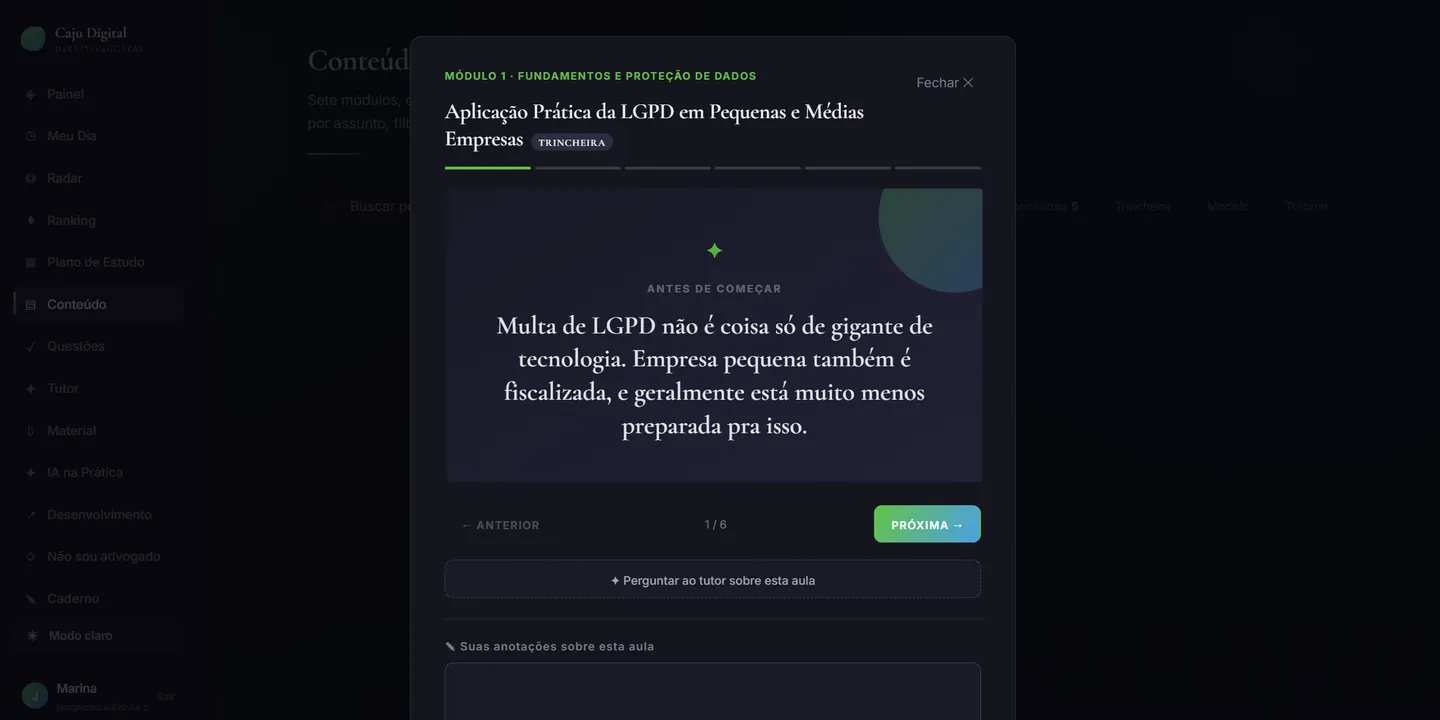 Tela A aula por dentro da plataforma Caju Digital