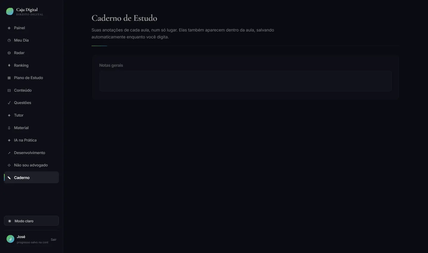 Tela Caderno da plataforma Caju Digital