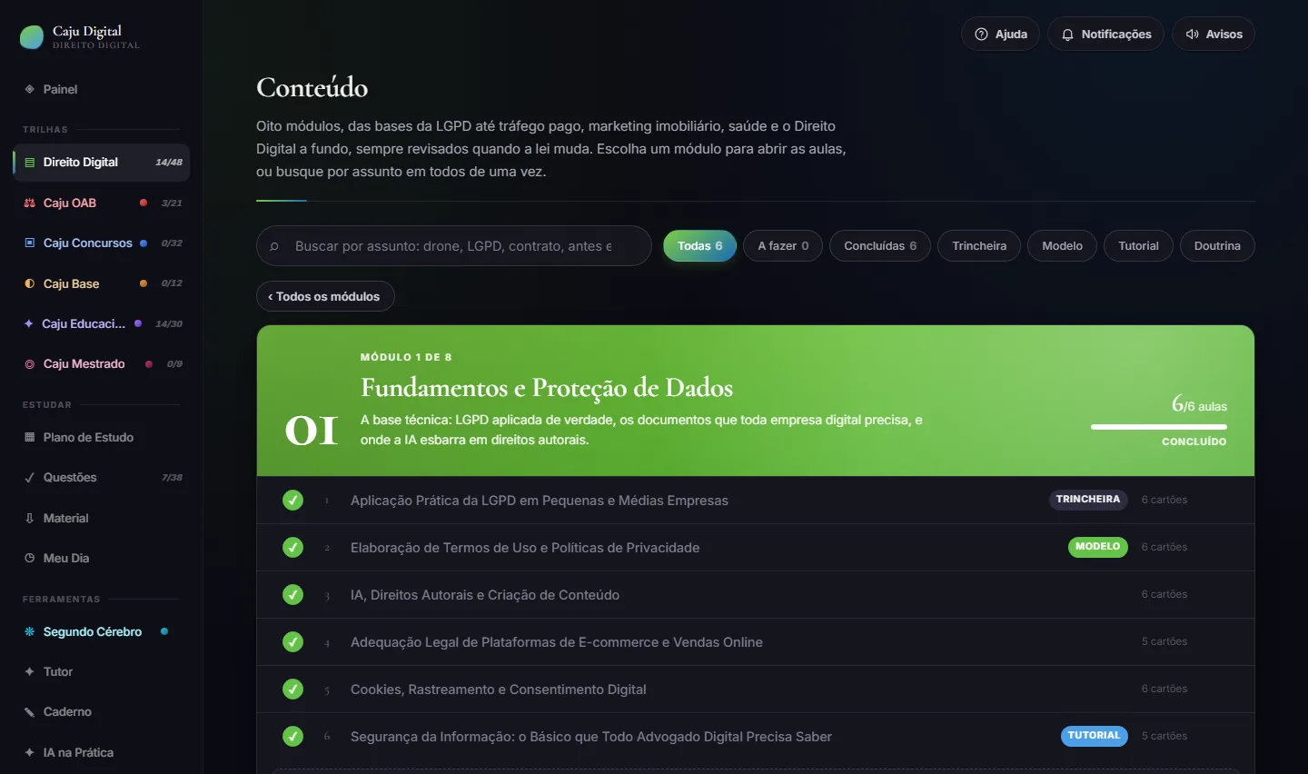 Tela Conteúdo da plataforma Caju Digital
