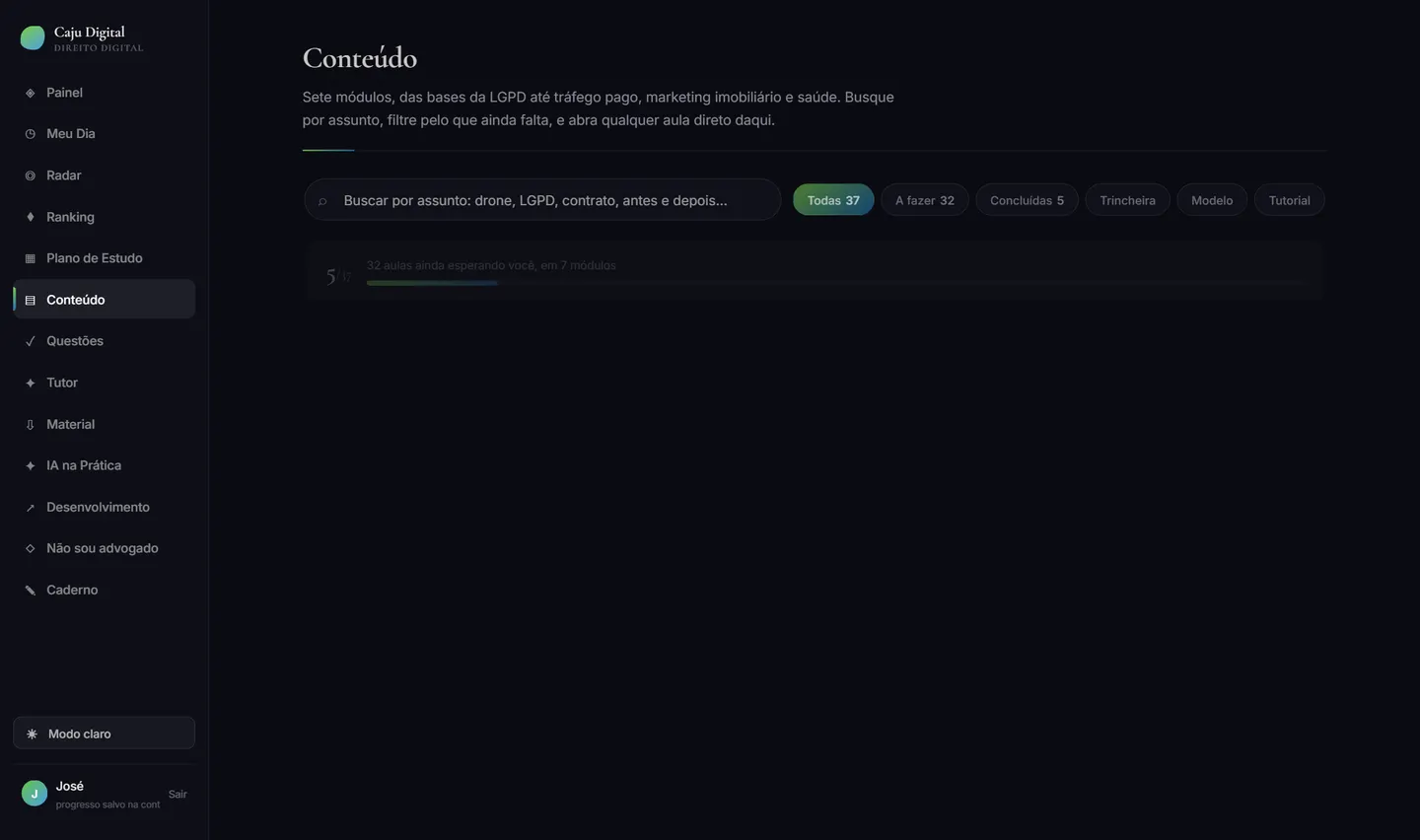 Tela Conteúdo da plataforma Caju Digital