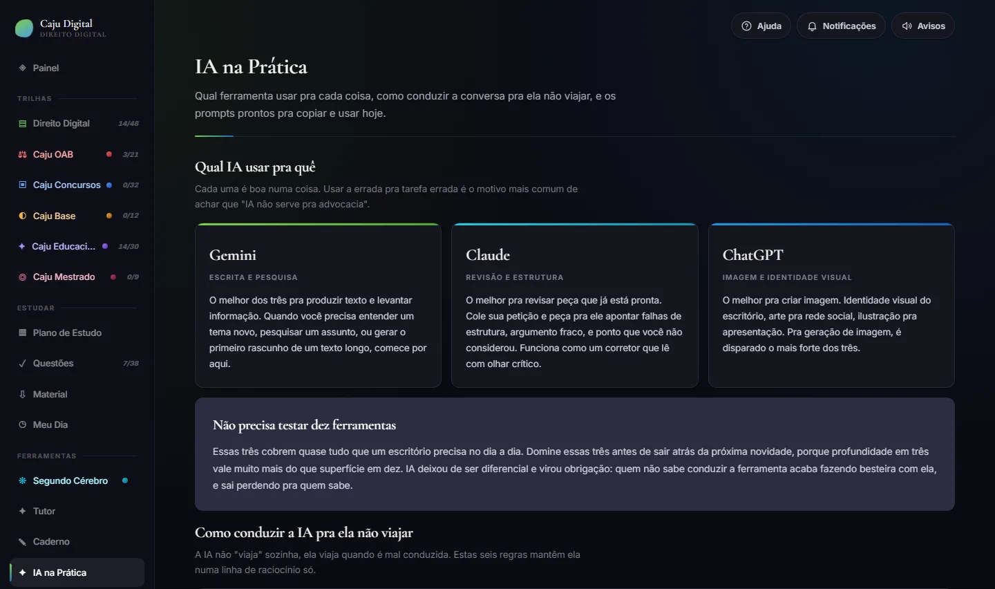 Tela IA na Prática da plataforma Caju Digital
