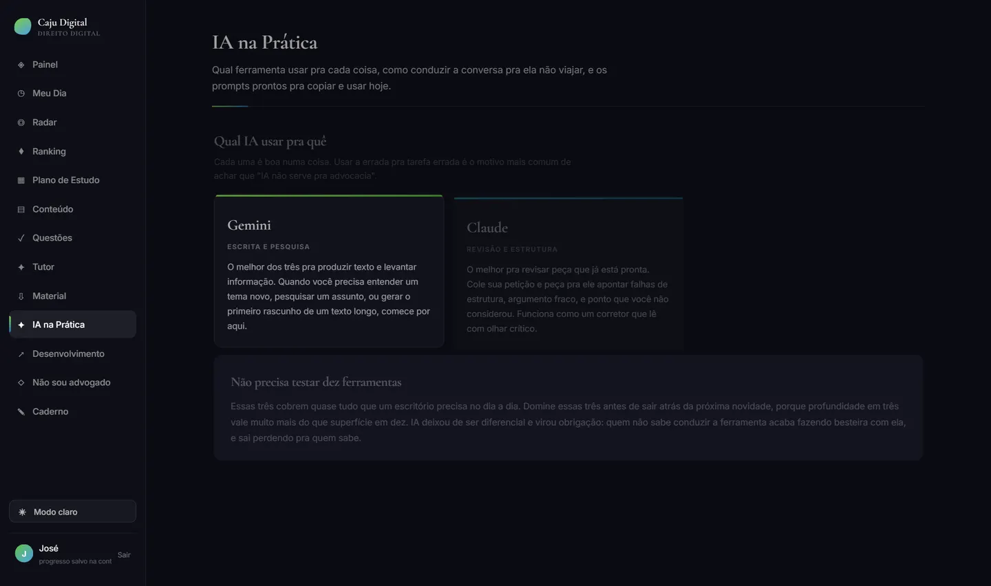 Tela IA na Prática da plataforma Caju Digital