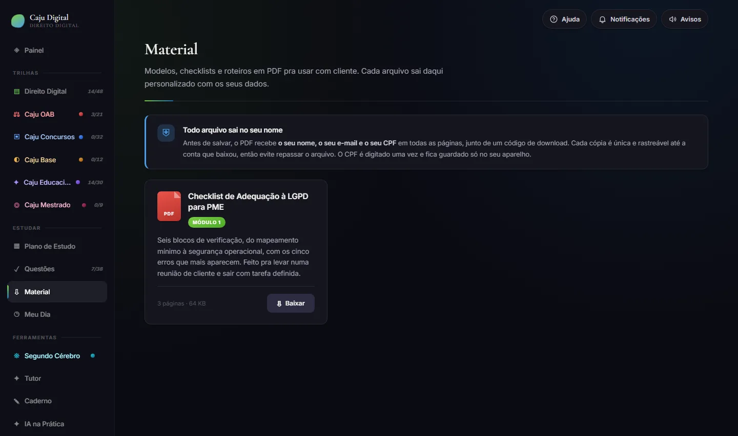 Tela Material da plataforma Caju Digital
