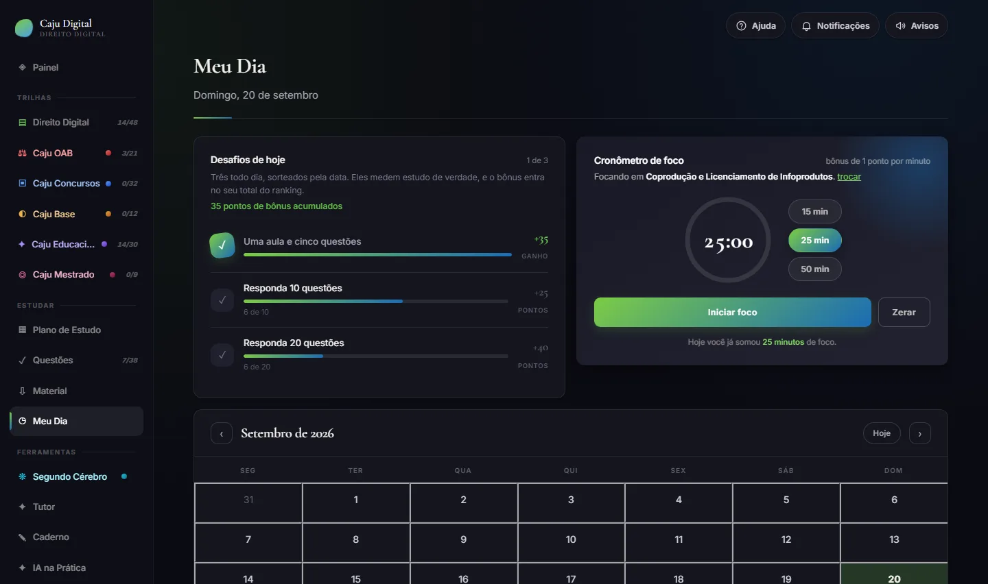 Tela Meu Dia da plataforma Caju Digital