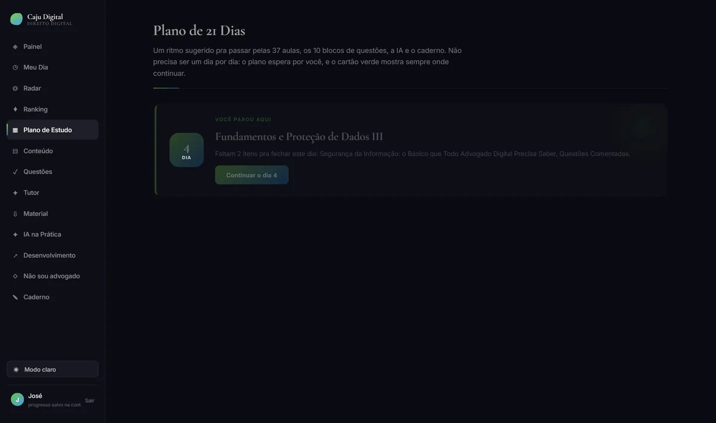 Tela Plano de 21 dias da plataforma Caju Digital