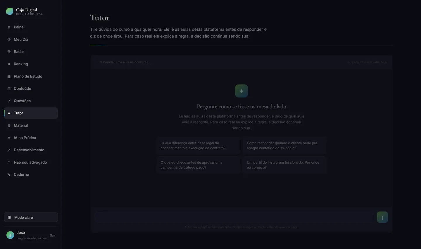 Tela Tutor da plataforma Caju Digital